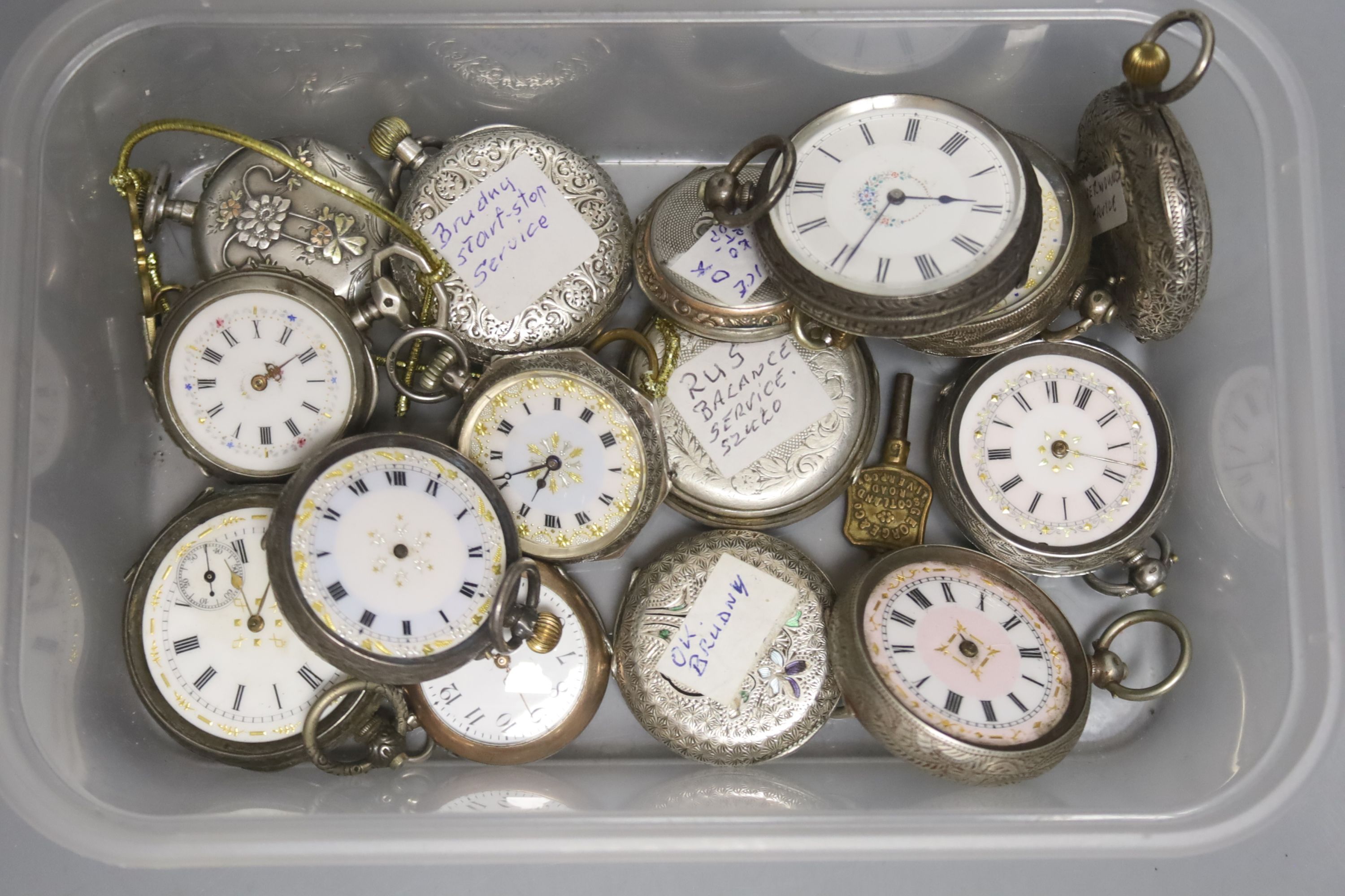 Twenty assorted mainly continental white metal fob watches, including two with enamel (a.f.).